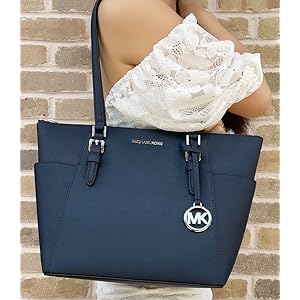 Michael Kors Charlotte Large Top Zip Tote (Navy/Silver Hardw